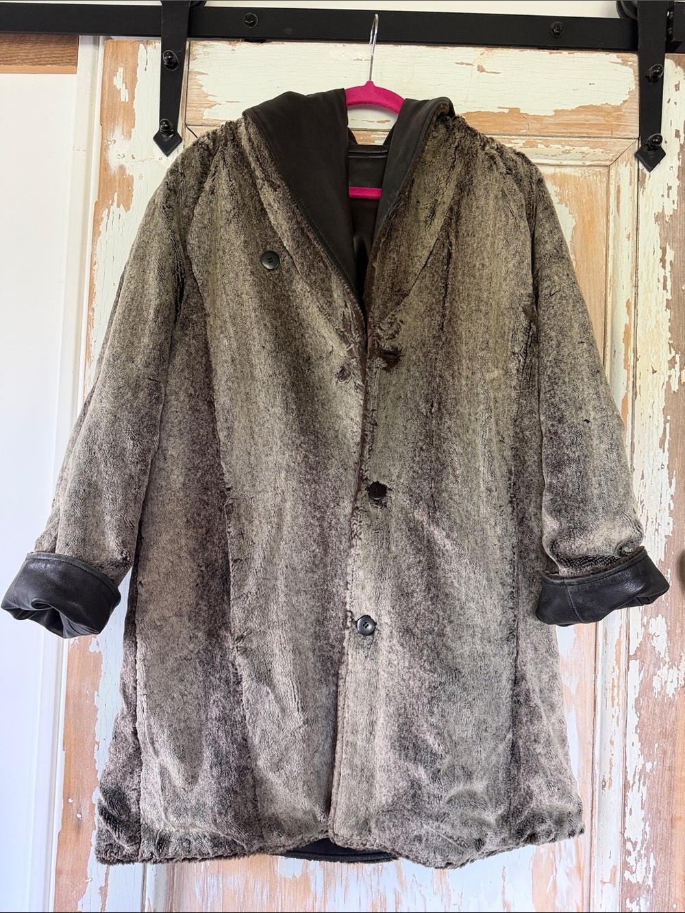 Womens Gray leather Fur Hooded Coat